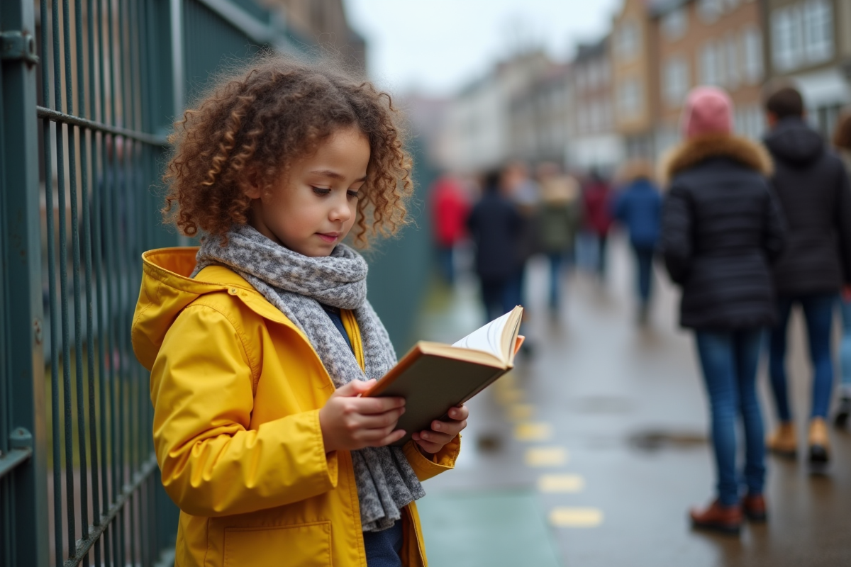 Fille avec imperméable jaune lisant dans une file d
