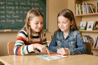 Deux fillettes apprenant des mots bilingues français-anglais avec des flashcards colorées dans une salle de classe moderne