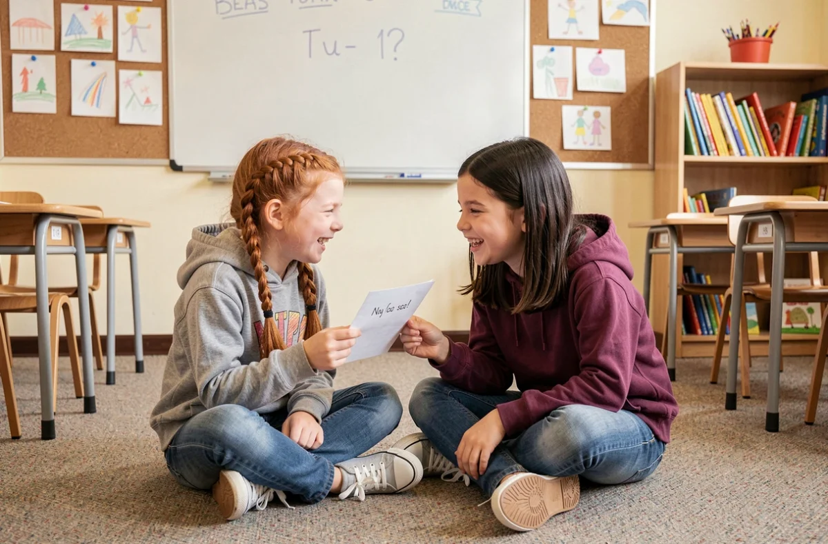 Deux fillettes de 8 ans qui partagent une blague écrite sur un papier dans une salle de classe