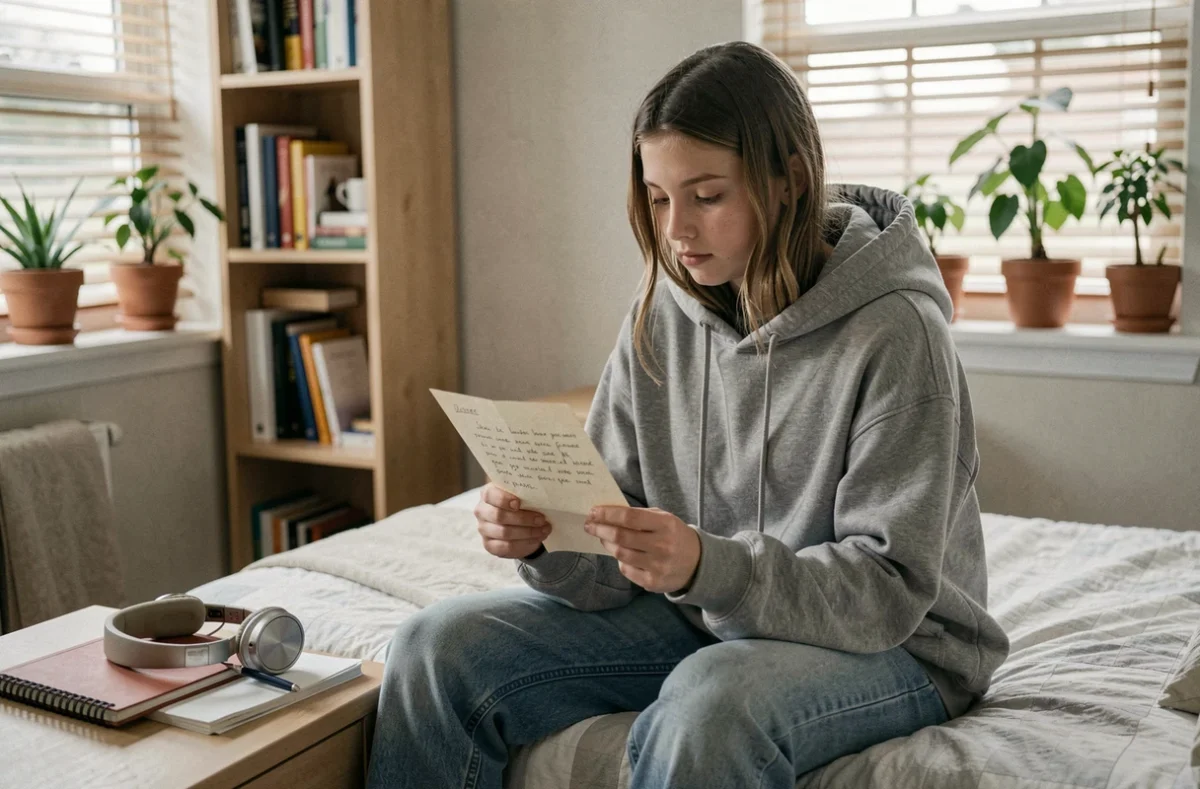 Adolescente lisant une lettre manuscrite sur son lit dans une chambre lumineuse et personnelle, expression touchée et réfléchie