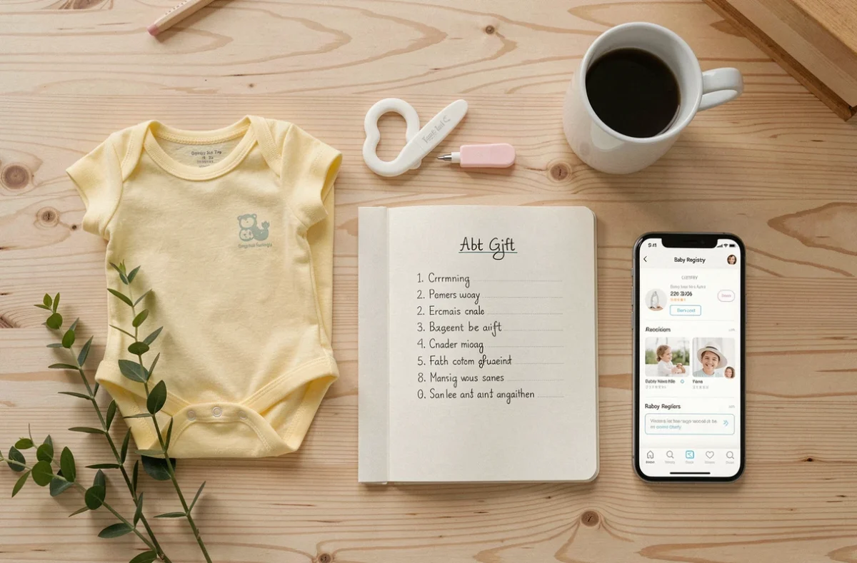 Flat lay d'articles essentiels pour une liste de naissance deuxième enfant sur une table en bois clair