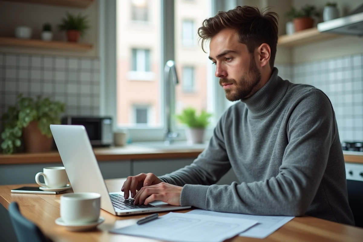 Personne remplissant un formulaire en ligne pour obtenir un acte de naissance depuis chez elle avec une liste de vérification