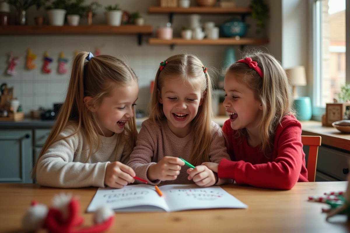 Freres et soeurs rient en découvrant une note du lutin de Noël