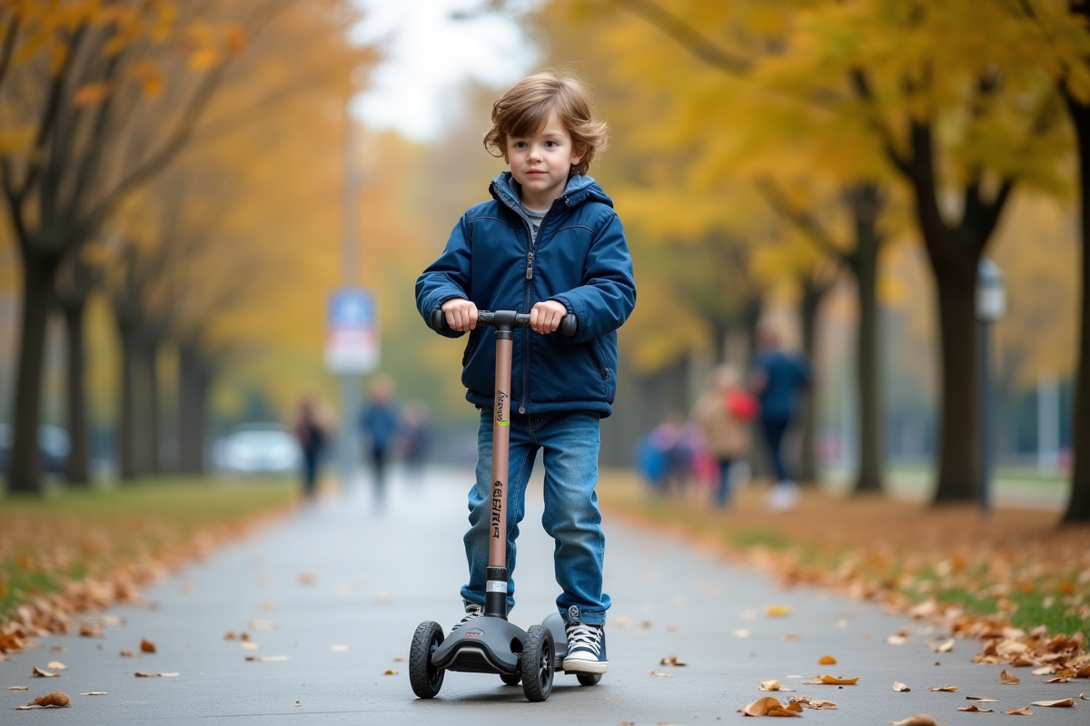 Garçon curieux en park urbain apprenant à faire du scooter