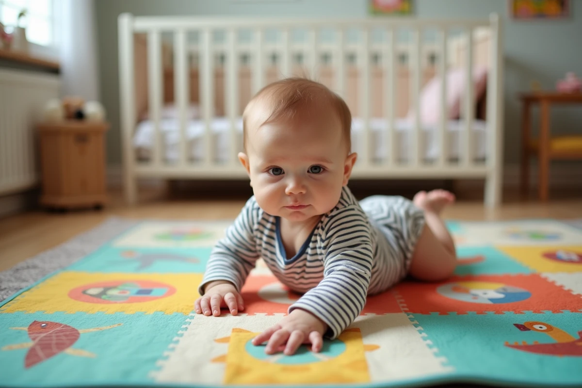 Bébé garçon de 7 mois explore un tapis de jeu sensoriel