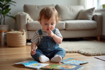 Bébé garçon curieux avec livres colorés