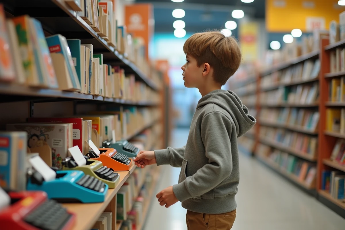 Garcon penseur dans une librairie avec typewriters