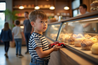 Jeune garçon patient avec une voiture en main dans une boulangerie