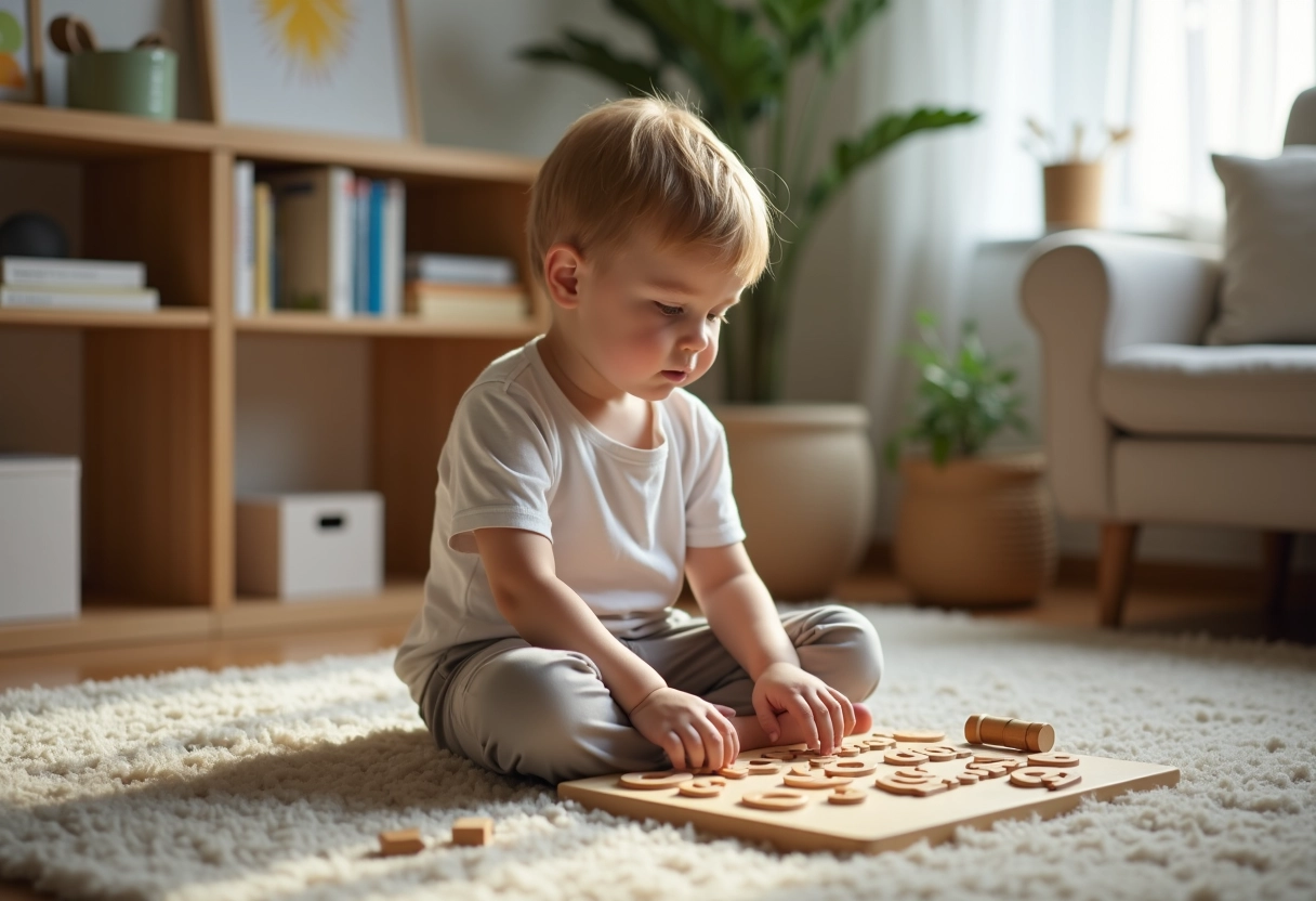 Garcon lisant tableau alphabet dans salon chaleureux