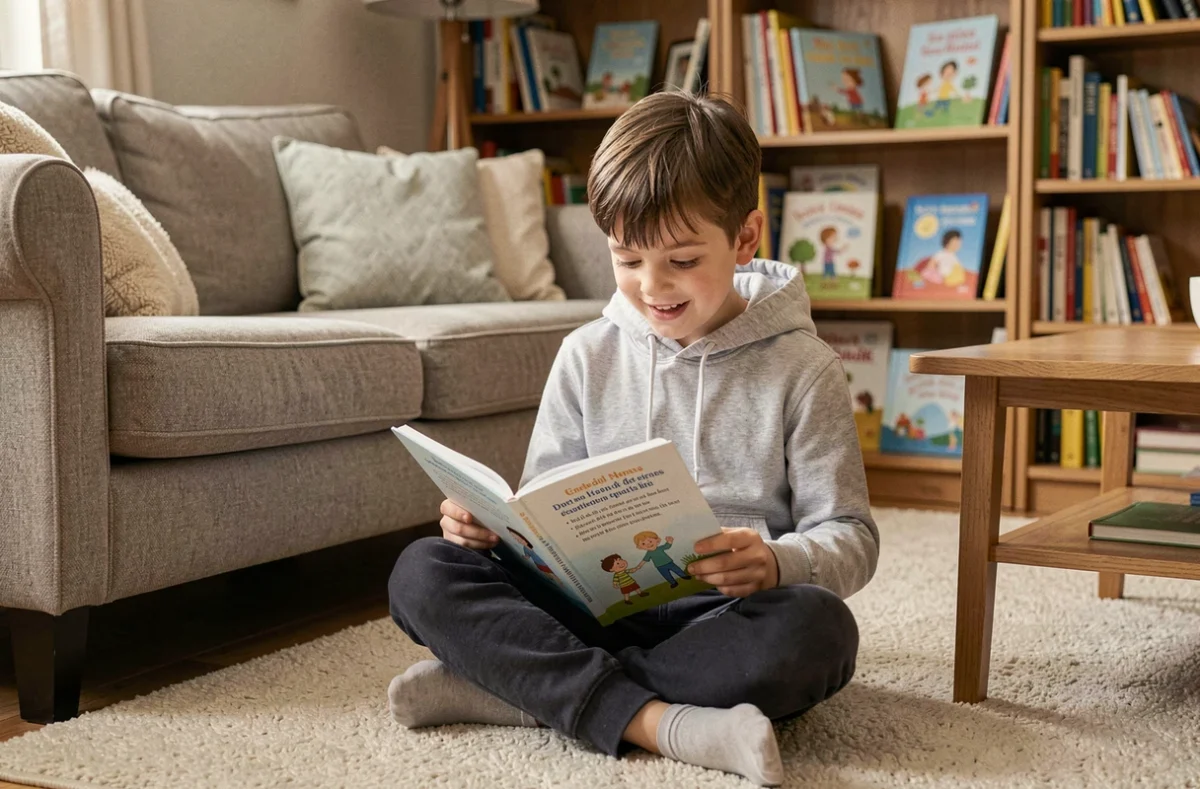 Jeune garçon lisant un livre de devinettes bilingues français-anglais assis sur un tapis dans un salon familial