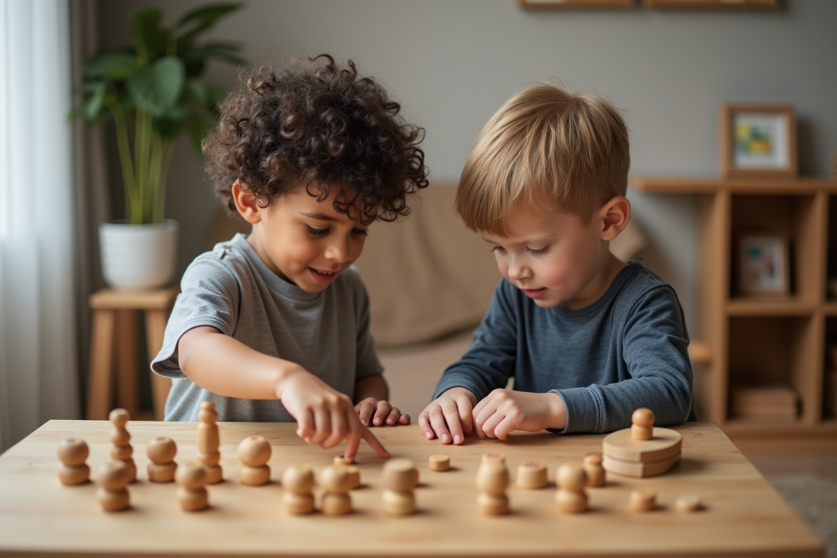 Deux garçons comptant avec des perles Montessori à la maison