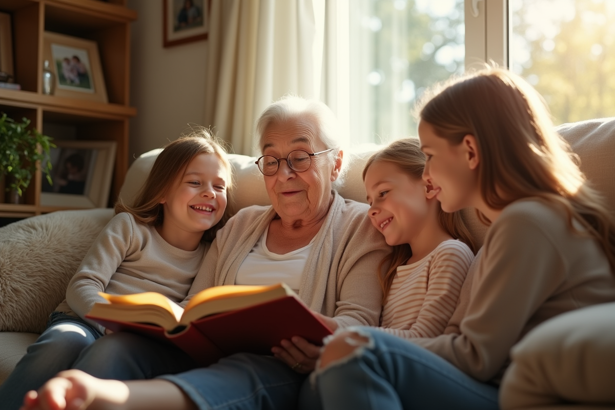 Grand-mère lisant une histoire à ses petits enfants dans le salon