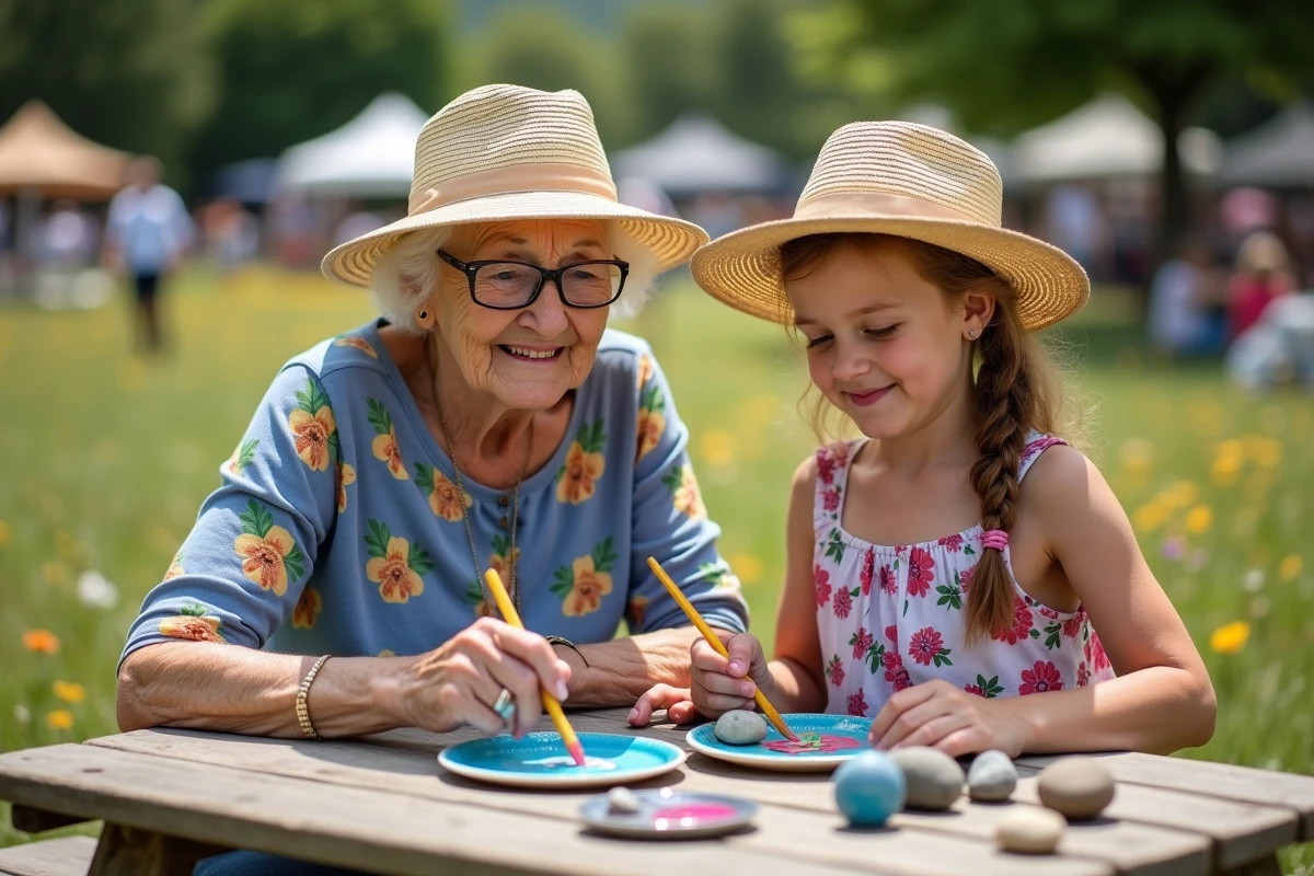 Grand-mère et petite fille peignant des pierres en plein air