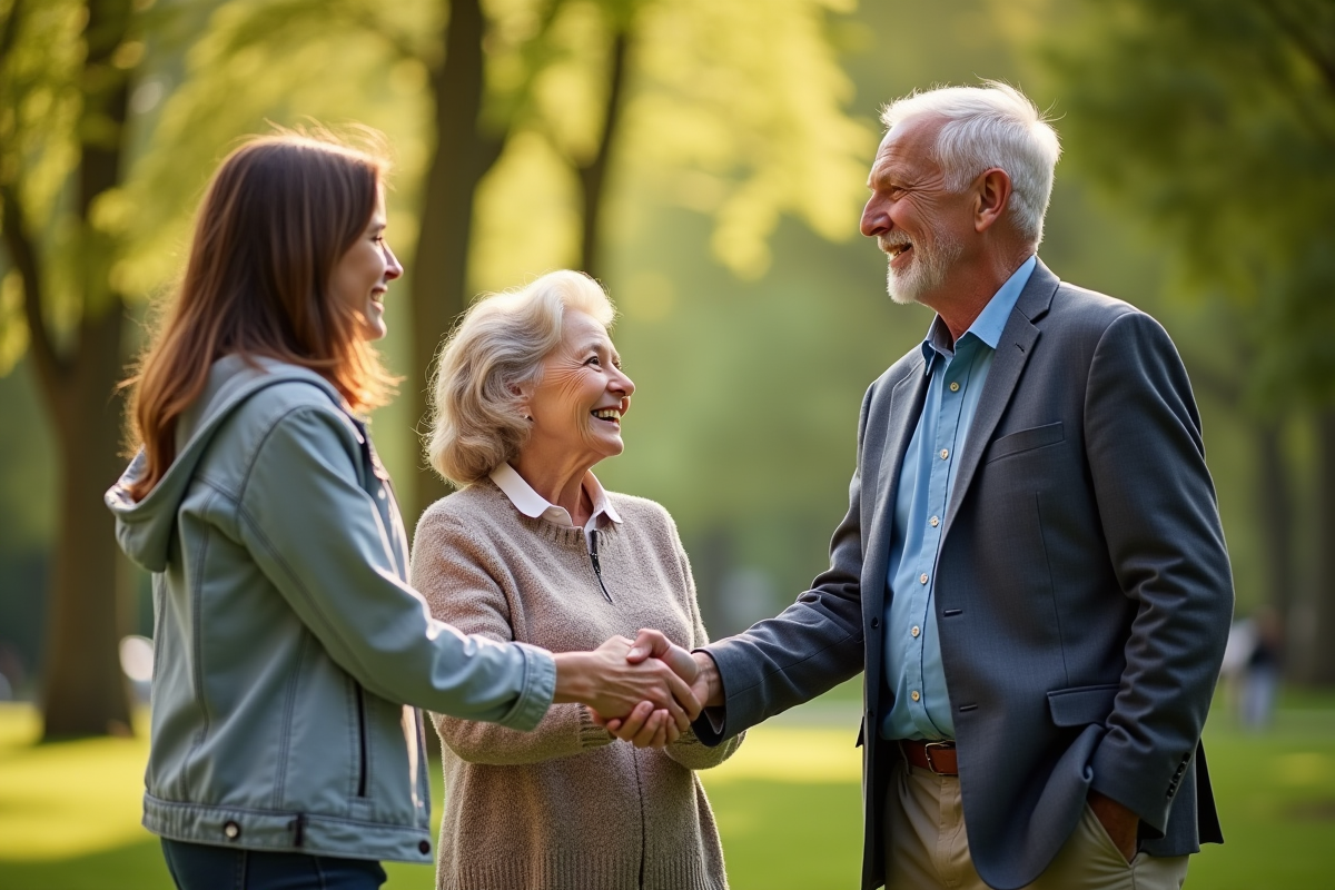 Grands-parents et adolescents se serrant la main dans un parc