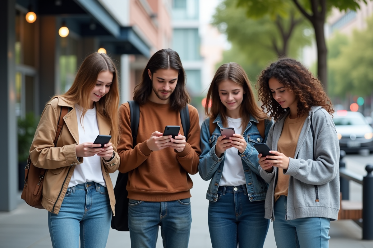 Groupe de quatre adolescents dans la rue avec smartphones