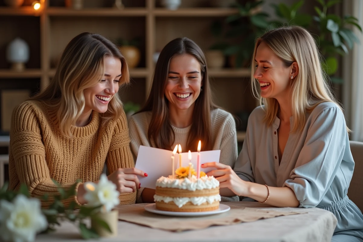 Groupe de cousines lisant une carte d'anniversaire ensemble autour d'une table décorée dans un intérieur cosy