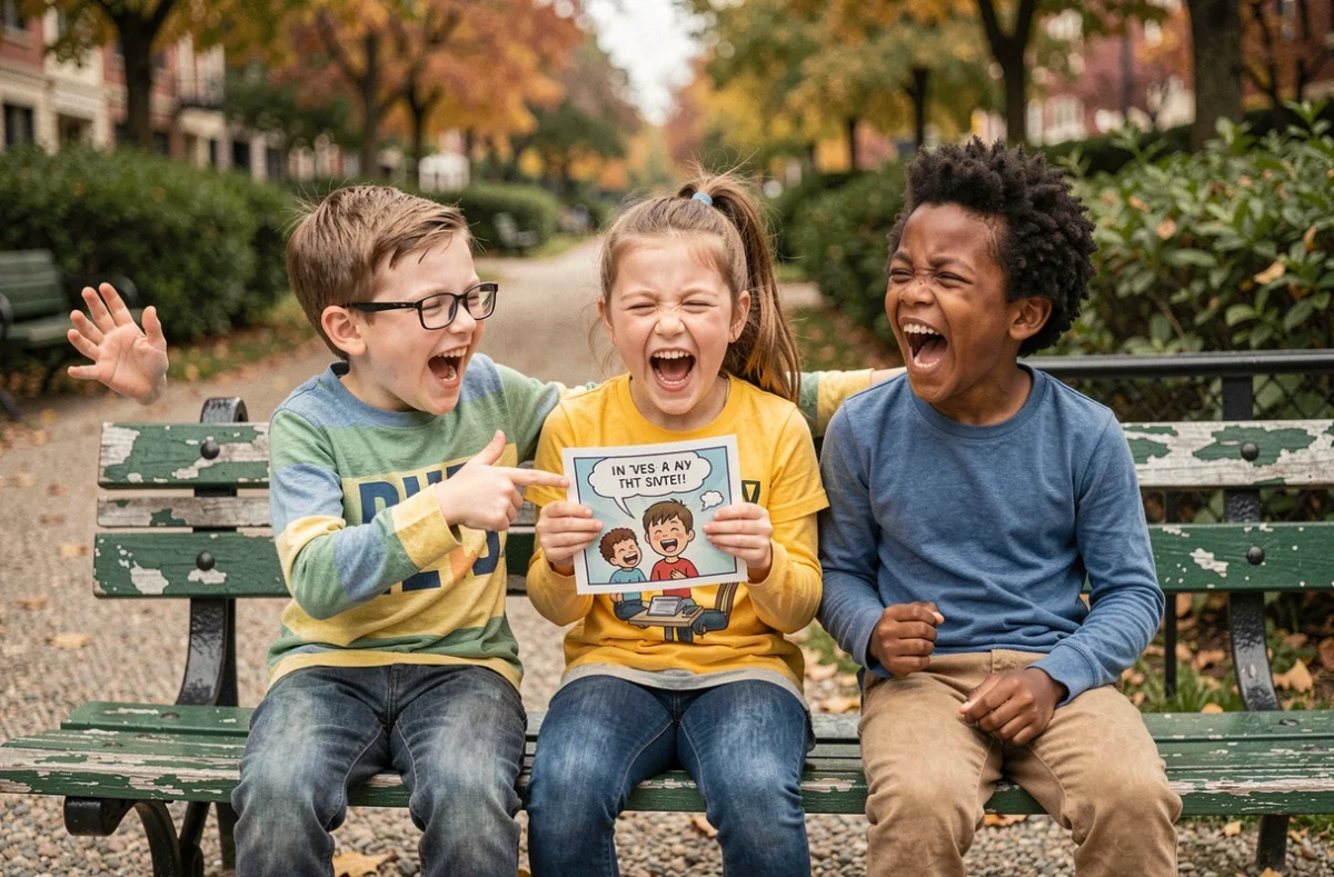 Groupe d'enfants de 8 ans qui rient ensemble autour d'une carte blague dans un parc urbain