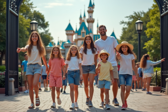 Groupe d'enfants et adultes souriants devant un parc d'attractions