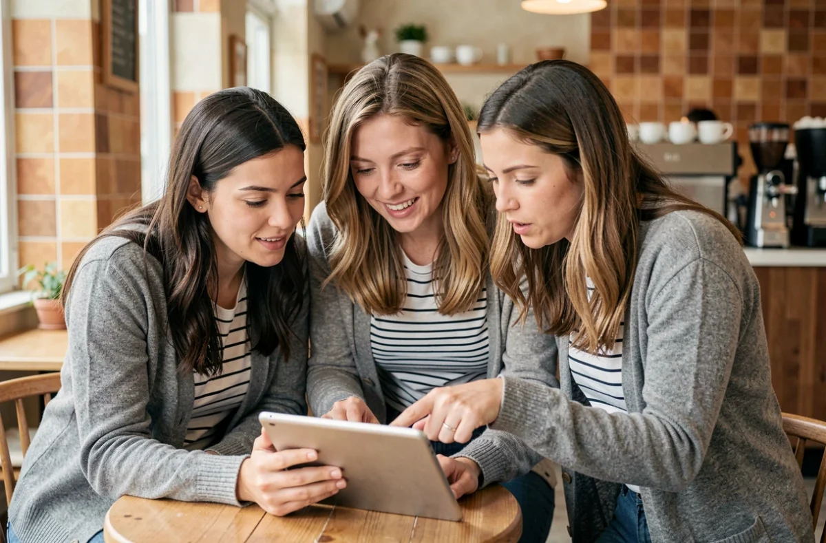 Groupe de femmes discutant autour d'une tablette dans un café, représentant la propagation d'une rumeur de grossesse sur les réseaux sociaux