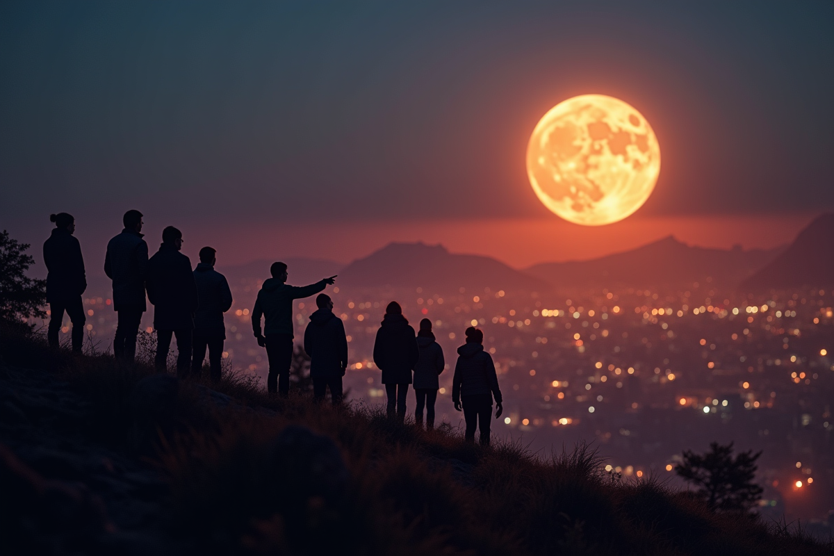 Groupe regardant la lune montante au crépuscule
