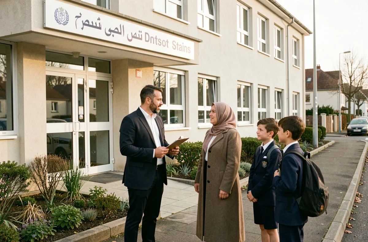 Façade du Groupe scolaire Al-Kindi à Stains avec un responsable, un parent et des élèves à l'entrée