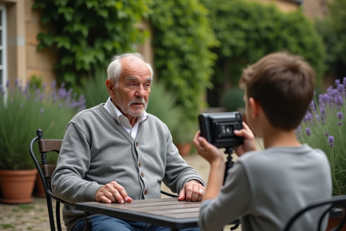 Grand-père ému filmé par son petit-fils dans le jardin pour un hommage vidéo surprise lors de la Fête des grands-pères