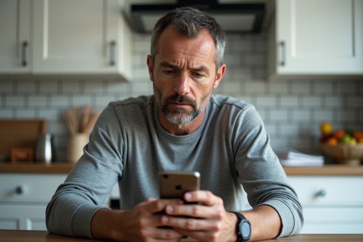 Homme analysant un message suspect sur smartphone pour éviter une arnaque Caf