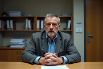 Homme d'âge moyen dans un bureau de justice français