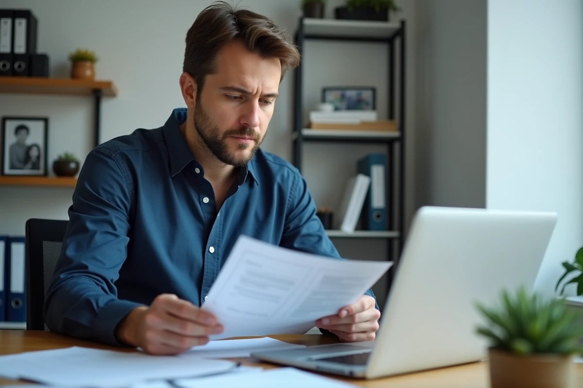 Homme en télétravail consultant des documents pour renouveler son congé parental à temps partiel depuis son bureau à domicile