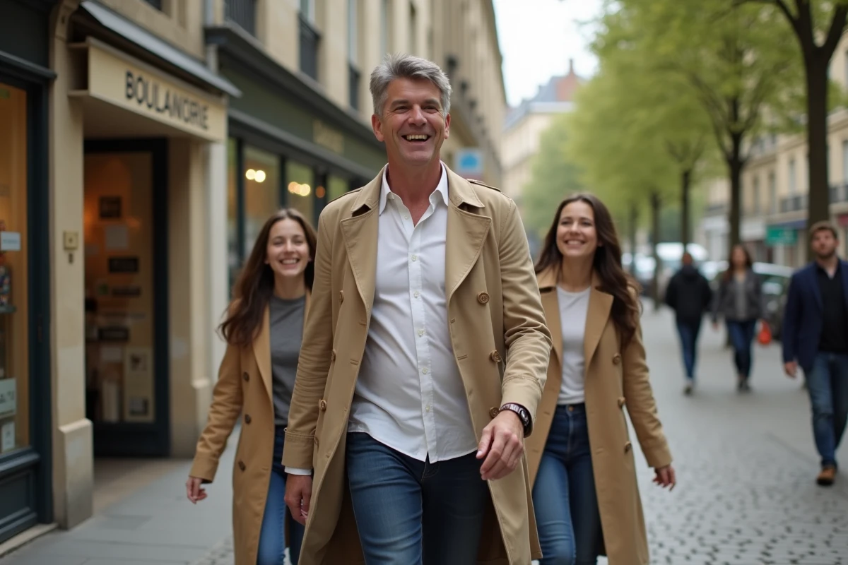 Un homme et ses adolescents marchant ensemble dans une rue pavée de Paris, scène de vie familiale ordinaire et authentique