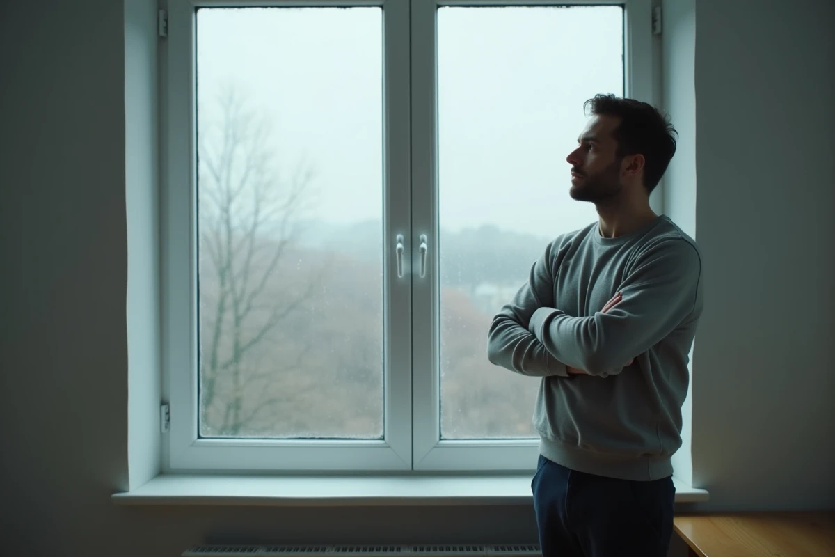 Homme au comportement évitant se tenant seul près d'une fenêtre sous la pluie, bras croisés et regard fuyant, symbolisant la fermeture émotionnelle