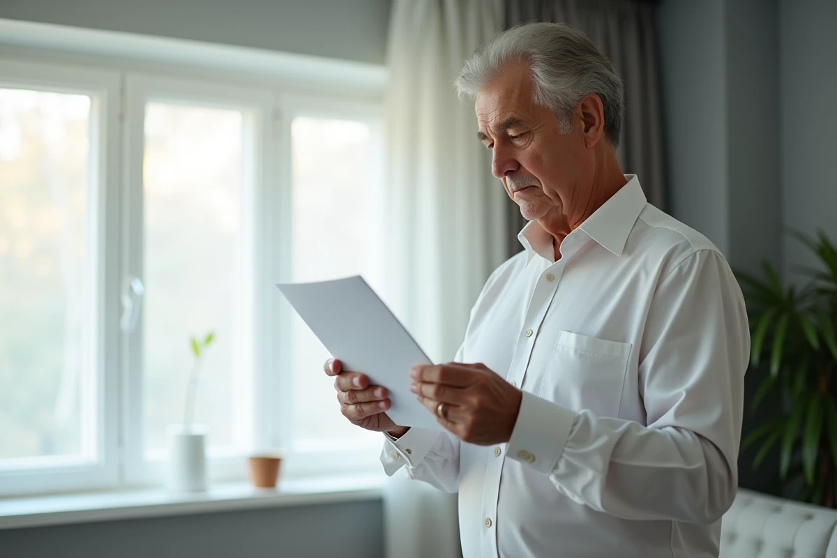 Homme âgé lisant une lettre de condoléances reçue après un décès, debout près d'une fenêtre dans un salon moderne