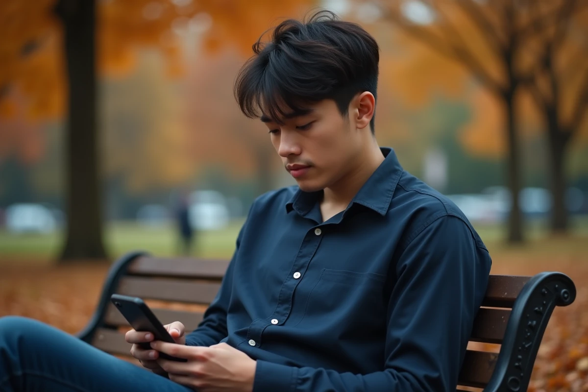 Jeune homme assis dans un parc en automne rédigeant un texte hommage sur son téléphone pour son grand-père décédé