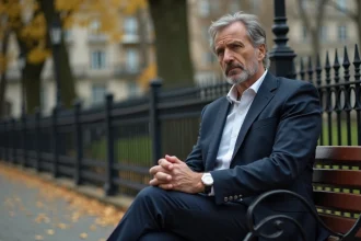 Homme d'âge moyen en costume dans un parc automnal