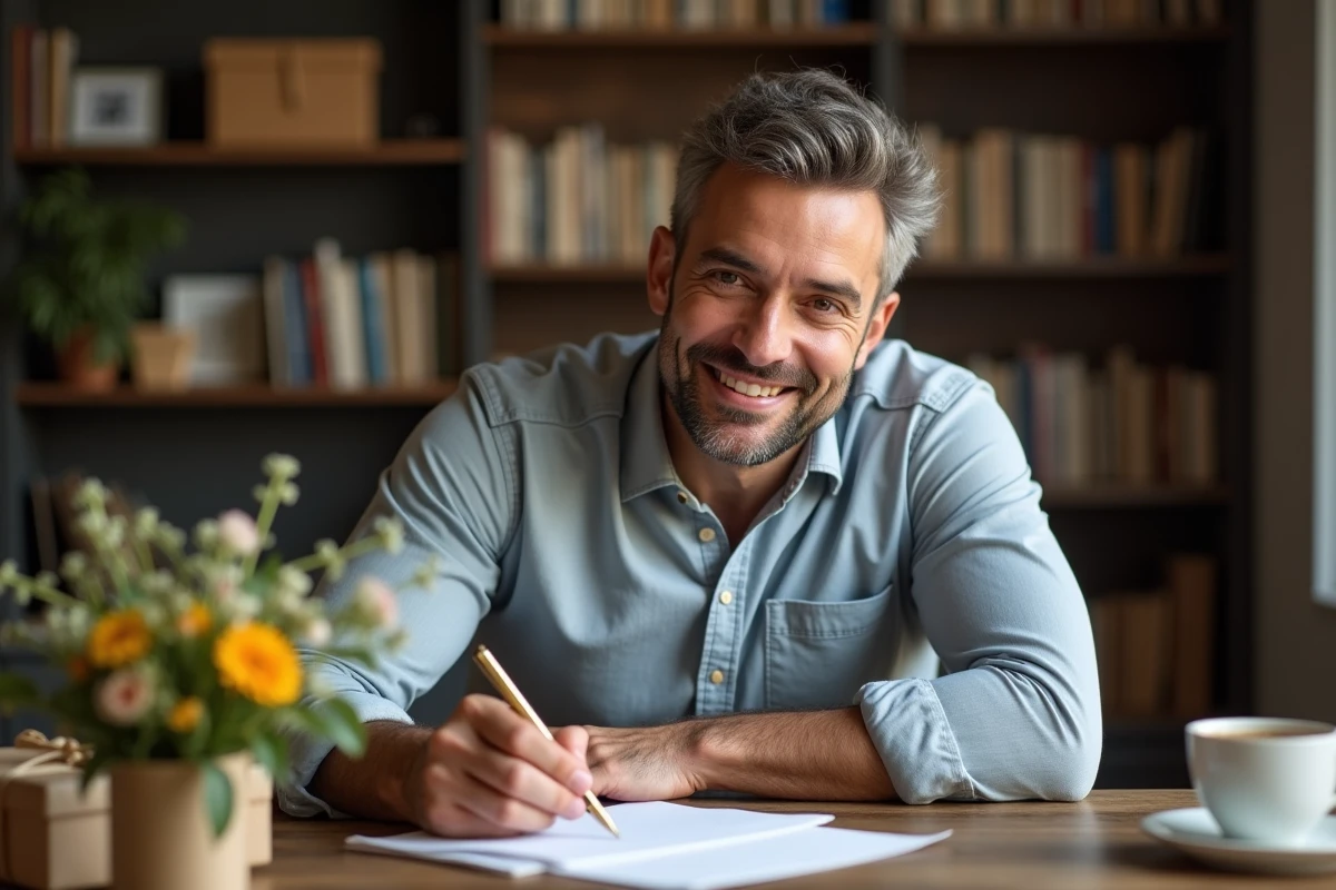 Homme rédigeant un mot de remerciement manuscrit à son bureau avec un cadeau de départ professionnel