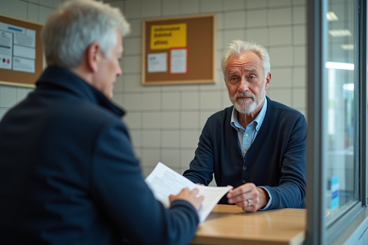 Homme présentant des documents à un agent en mairie
