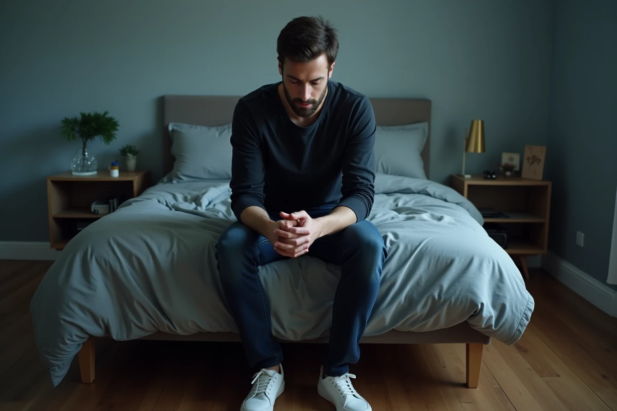 Homme seul assis sur le bord du lit après une dispute, posture de repli émotionnel et silence dans un couple
