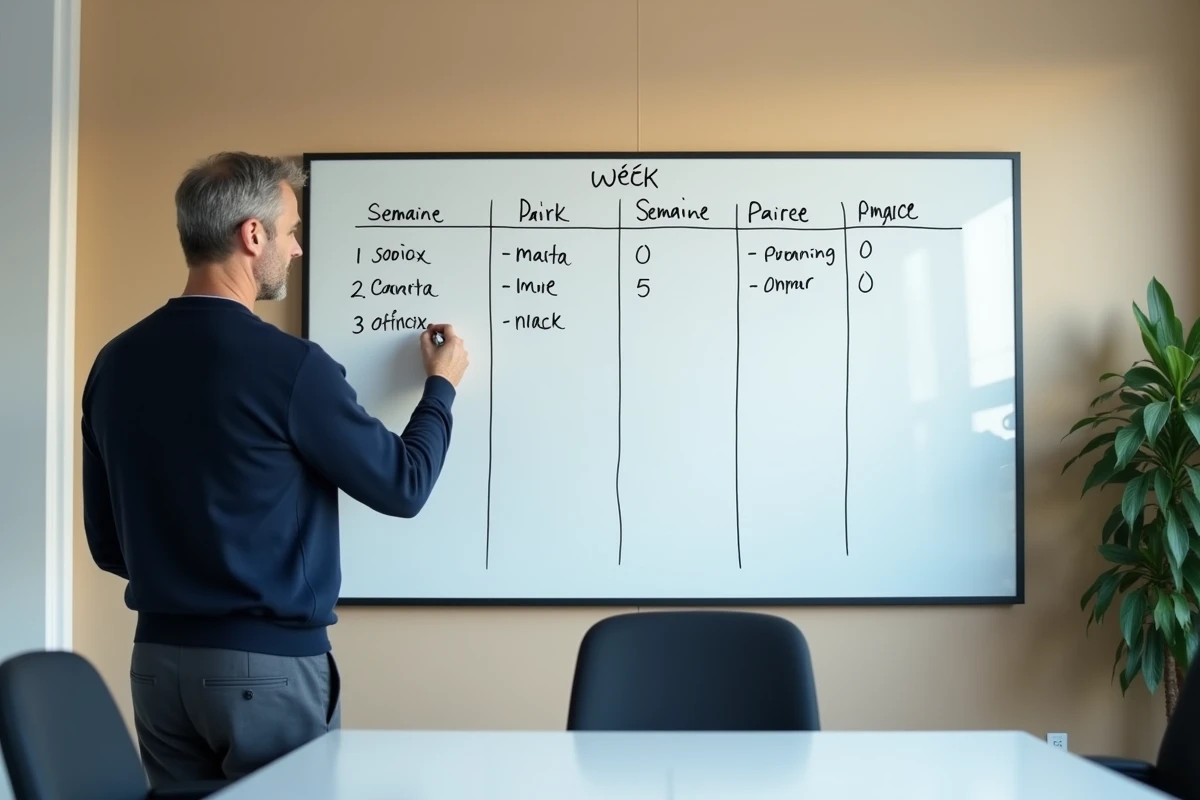 Homme d'affaires écrivant la numérotation ISO des semaines paires et impaires sur un tableau blanc en salle de réunion