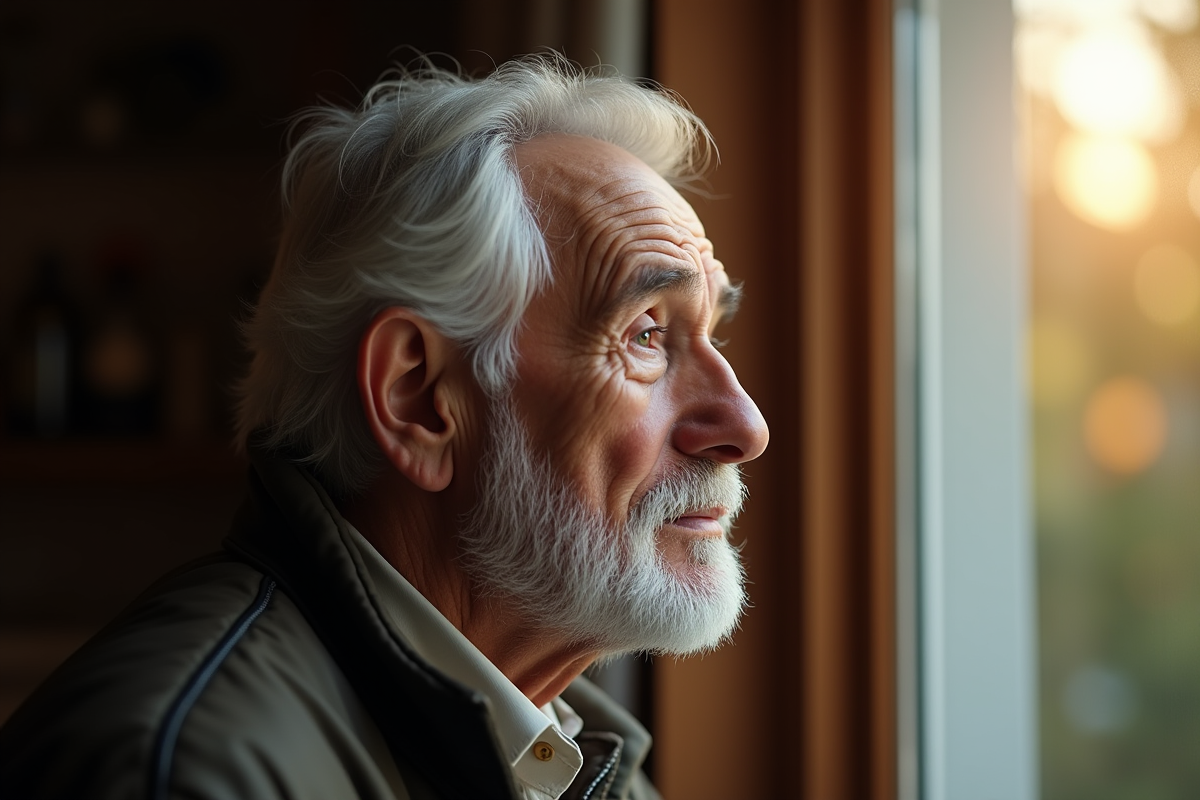 Homme âgé regardant par la fenêtre avec lumière du matin