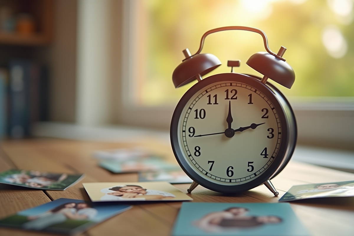 Horloge analogique avec photos de proches en arriere plan