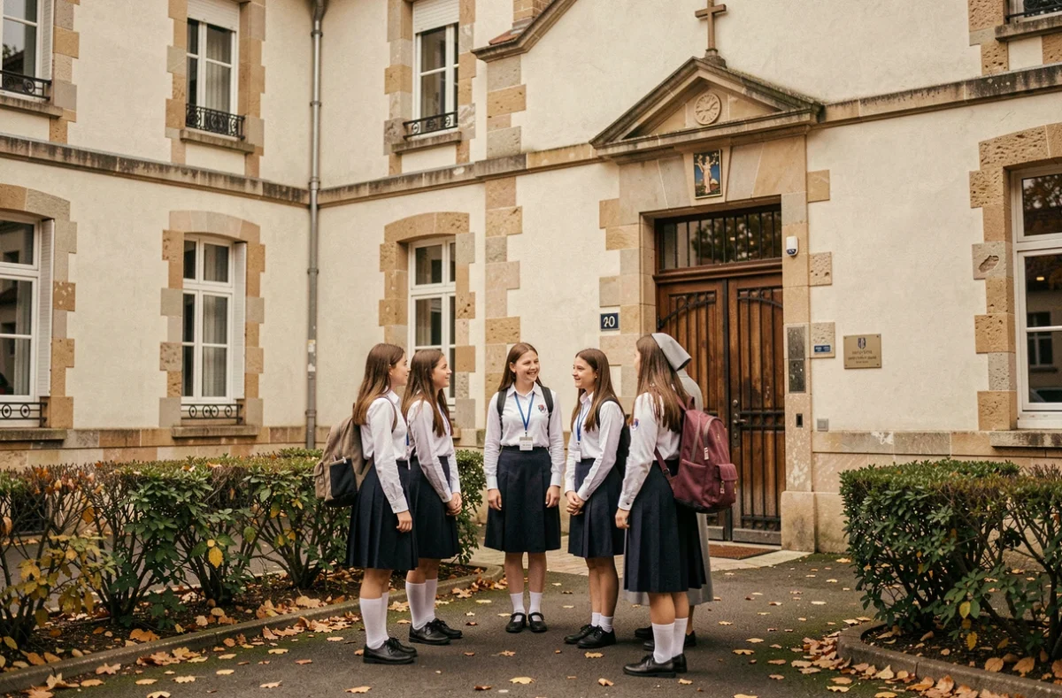 Entrée de l'Institution Sainte-Marie à Stains avec une religieuse accueillant des élèves dans la cour