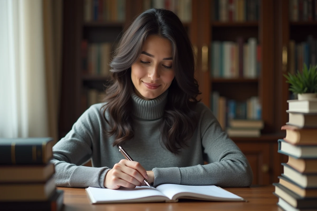 Femme concentrée dans son bureau à domicile entouré de livres, illustrant la vie privée et l'intimité protégée d'une personnalité médiatique comme Elsa Vidal