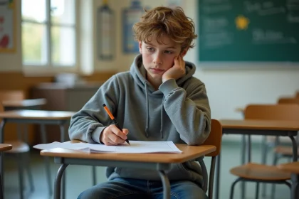 Adolescent pensif en classe avec un devoir