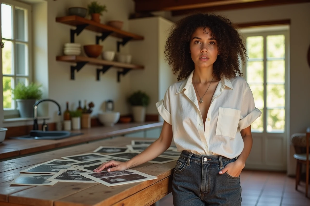 Jeune femme aux origines mixtes examinant des photos de famille anciennes dans une cuisine traditionnelle française, illustrant la quête des origines et de l'histoire familiale d'Aurore Malval