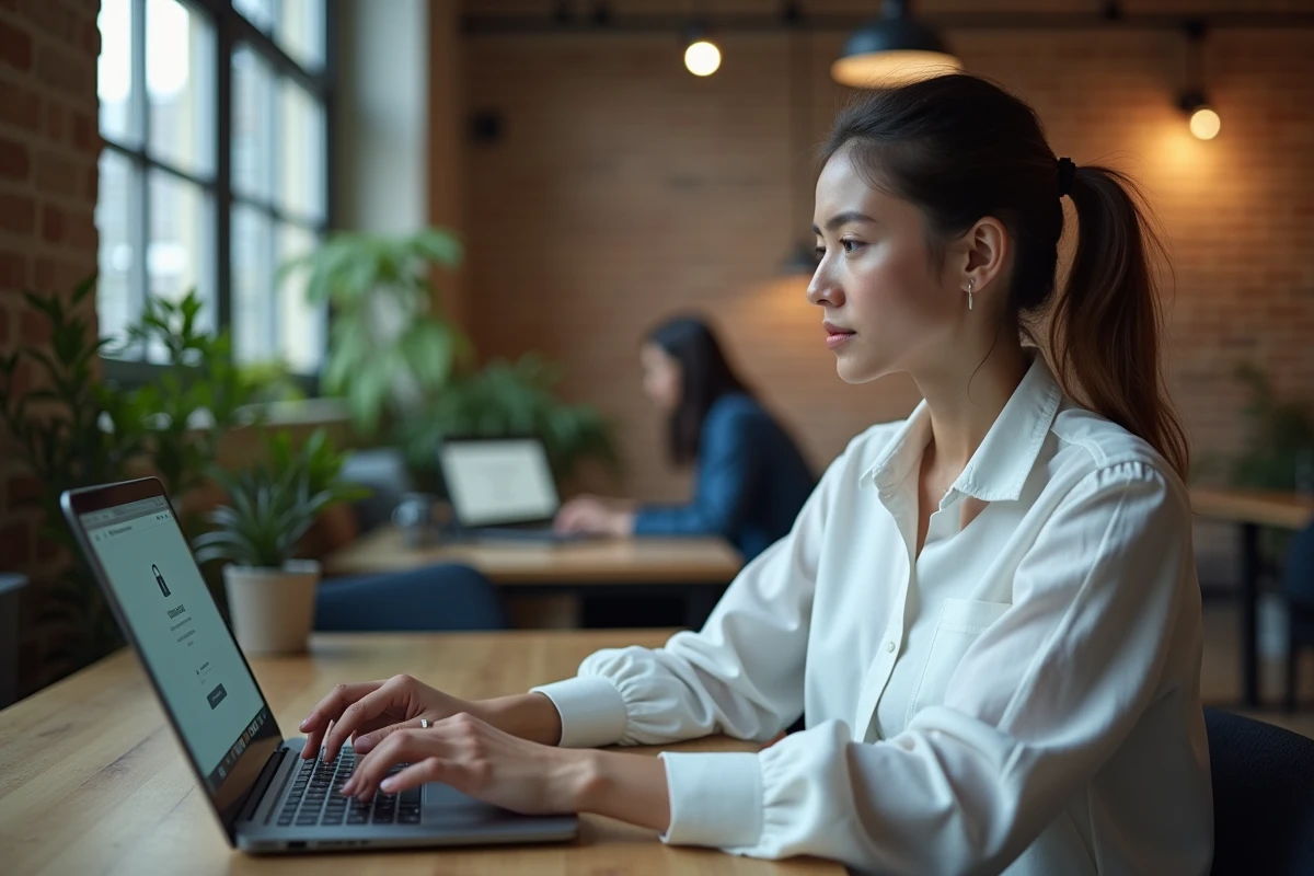 Jeune femme sécurisant ses identifiants Caf sur un ordinateur portable en espace de coworking