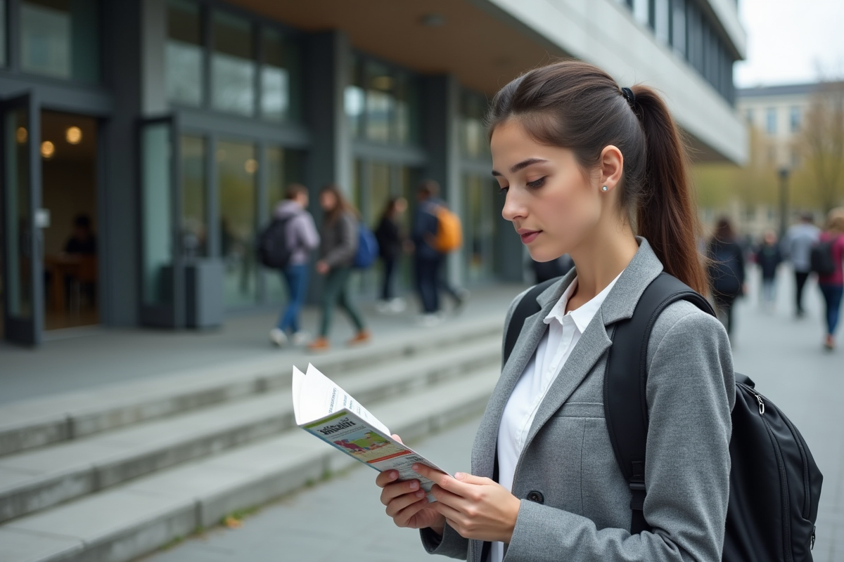 Jeune femme française regardant une brochure à l