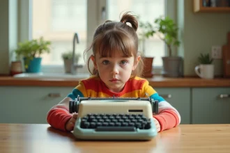 Jeune fille curieuse avec machine a ecrire colorée