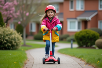 Jeune fille souriante en casque rouge sur scooter dans la rue