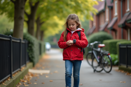 Jeune fille en veste rouge marchant seule avec sa smartwatch