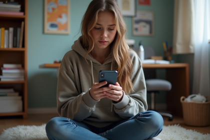 Jeune fille de 16 ans avec hoodie dans sa chambre